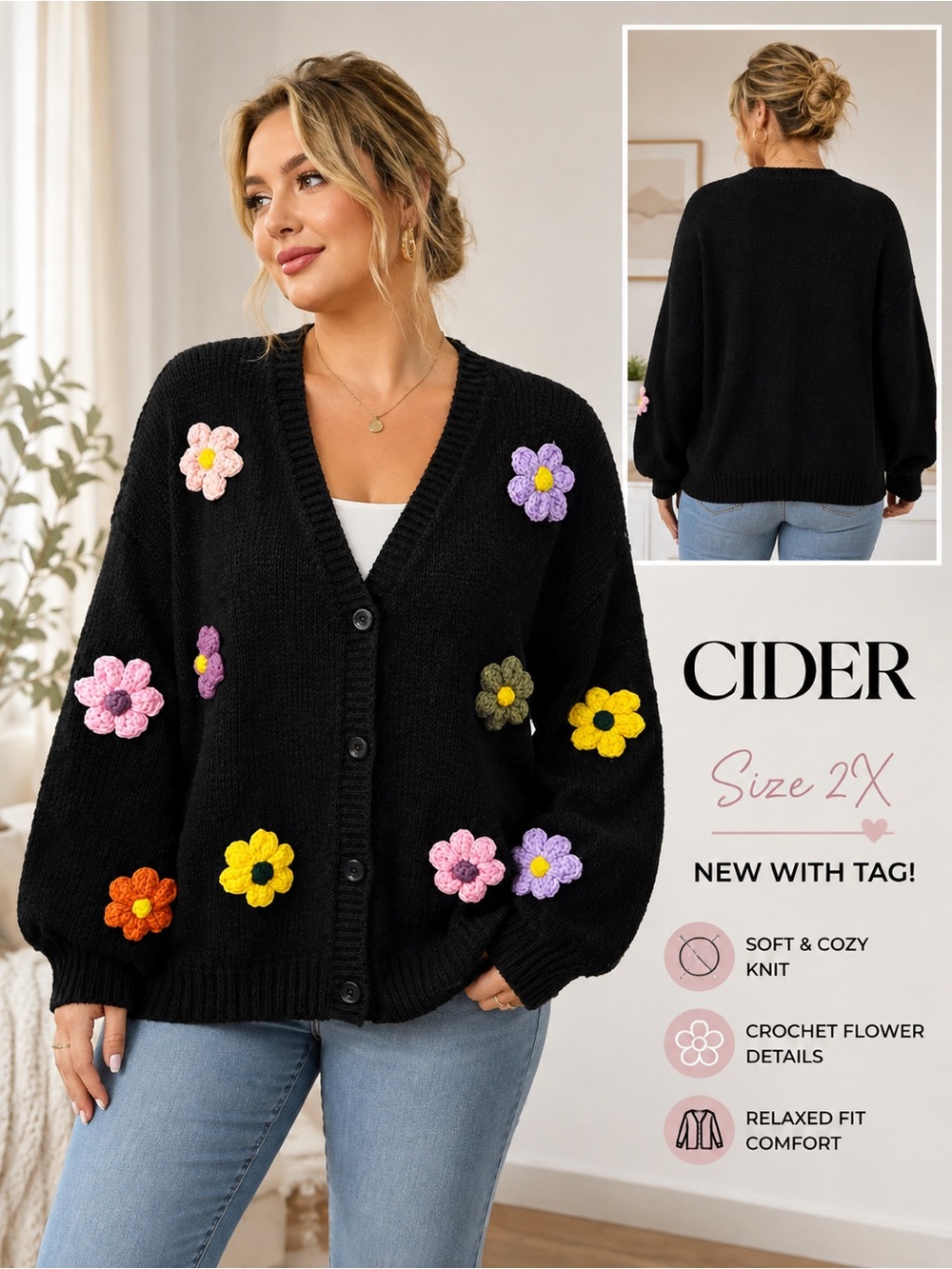 Cider Black Crochet Flower Cardigan Sweater 2X Colorful Floral NWT